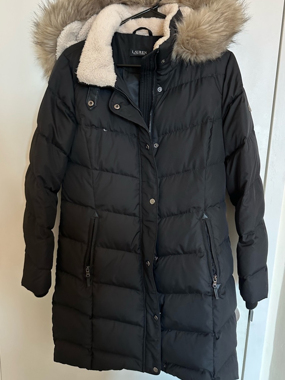 Lauren Ralph Lauren Black Quilted Faux-Fur Trim Long Puffer Coat